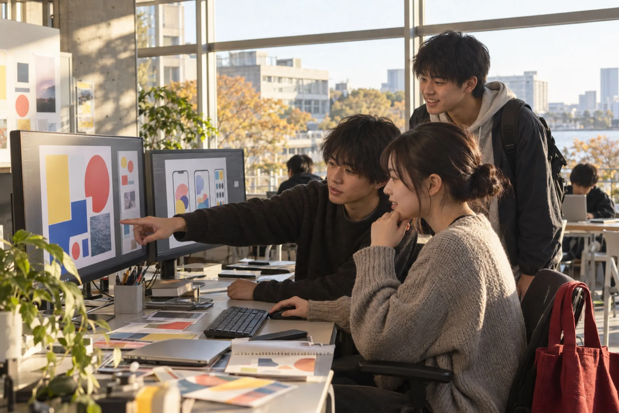 情報デザインの部屋で、学生の画面を高校生が肩越しにのぞいている（写真は見本）