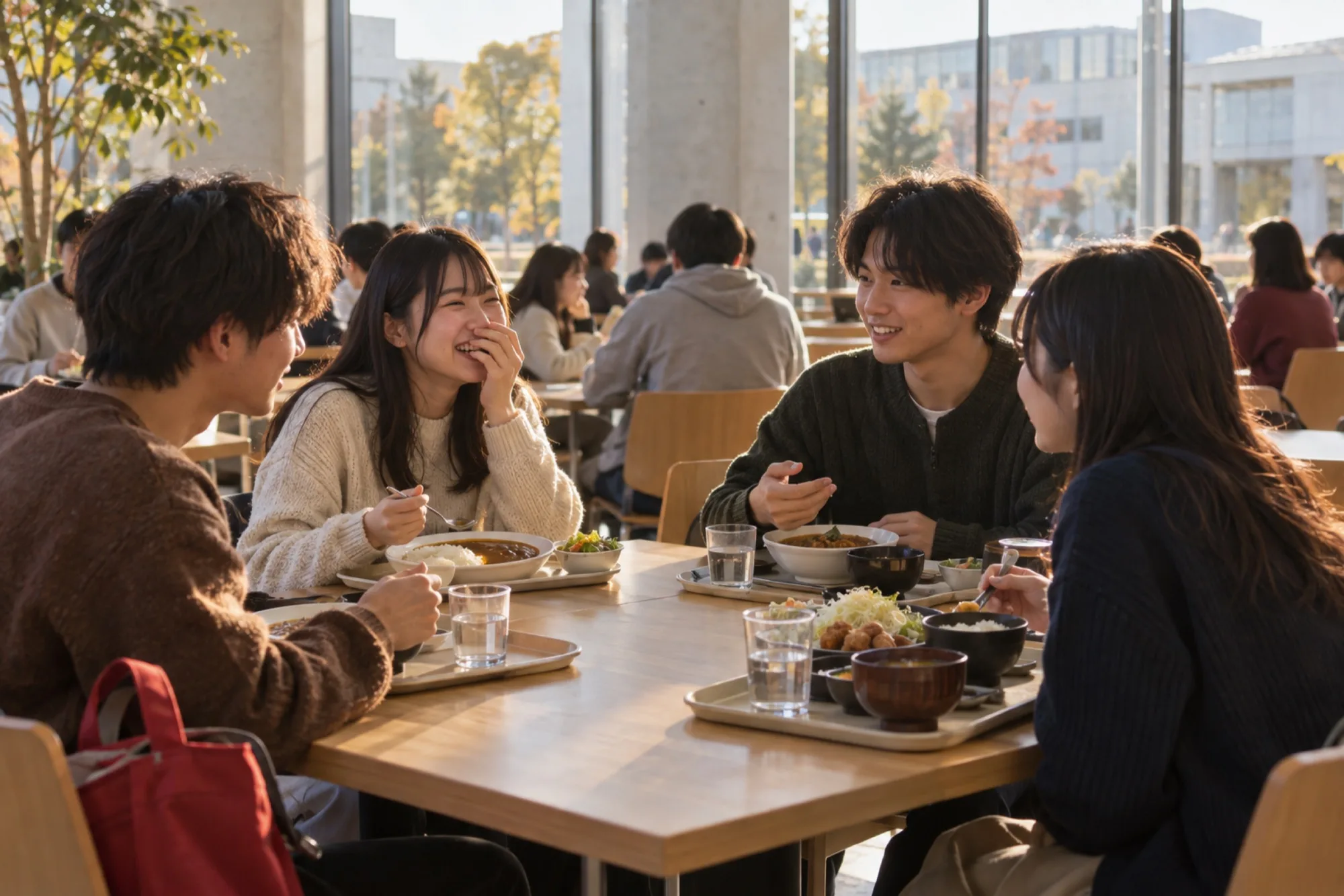 学食の長い机で、在学生と高校生が昼ごはんを食べながら話している（写真は見本）
