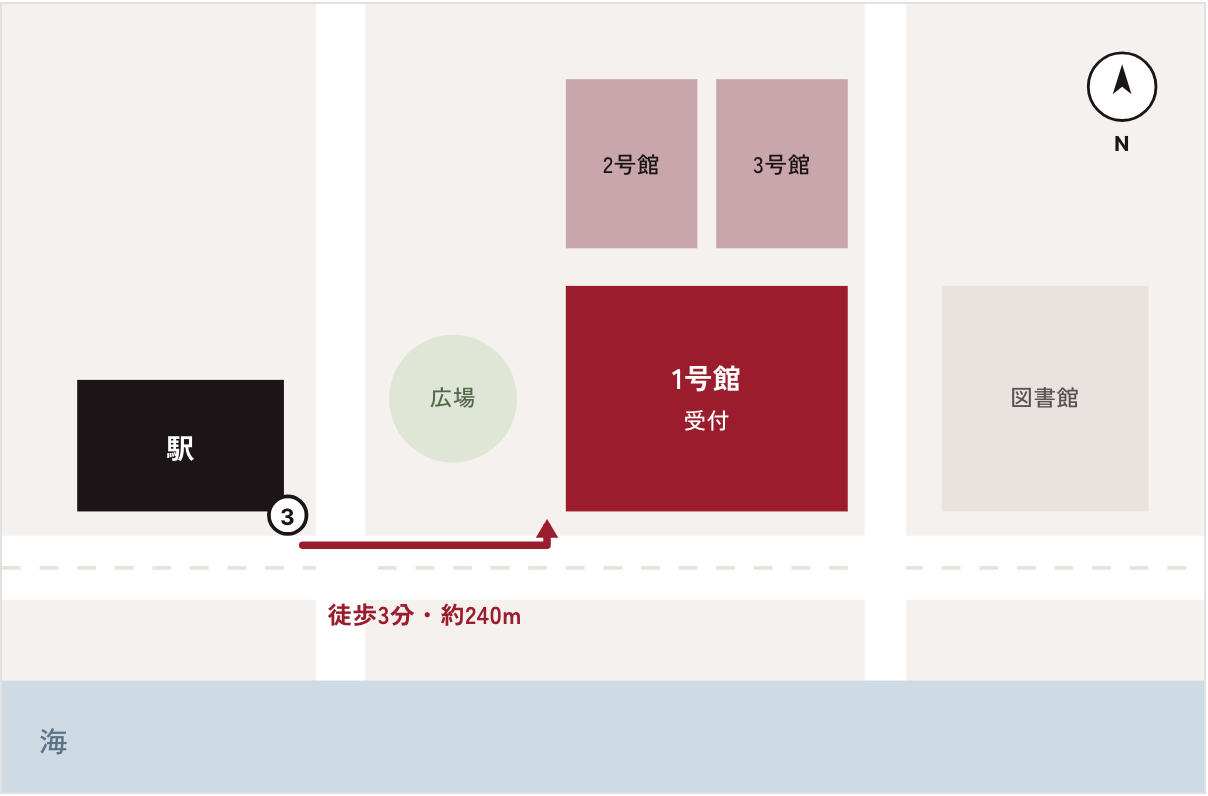 みなとみらい駅から大学までの道。駅の3番出口を出て、広場の道をまっすぐ東へ約240メートル、右手が大学の1号館（地図は見本）