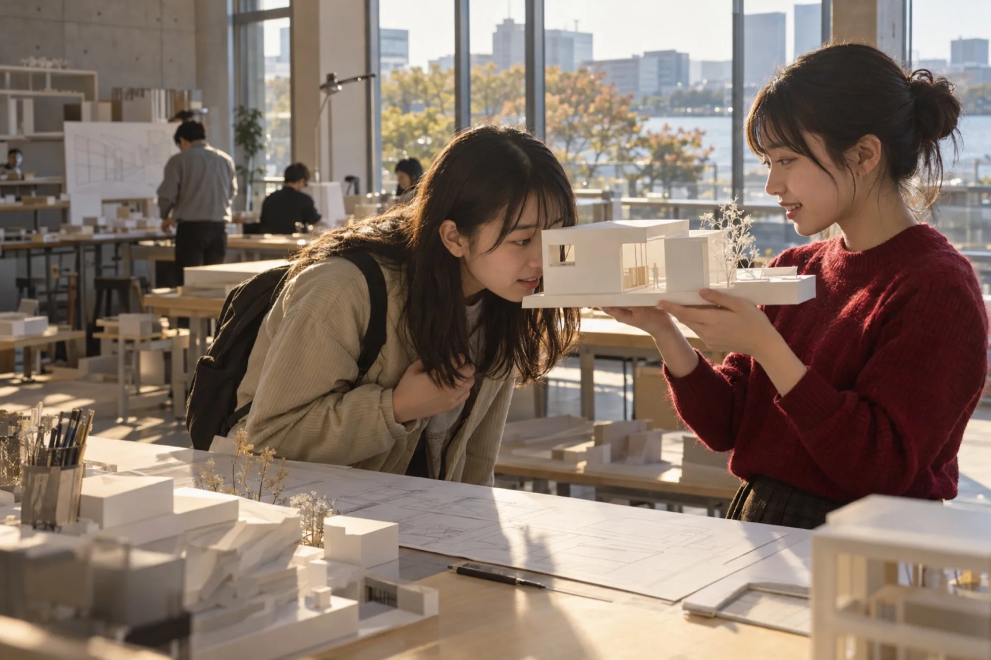 建築のスタジオで、学生が段ボールの模型を高校生に見せている（写真は見本）